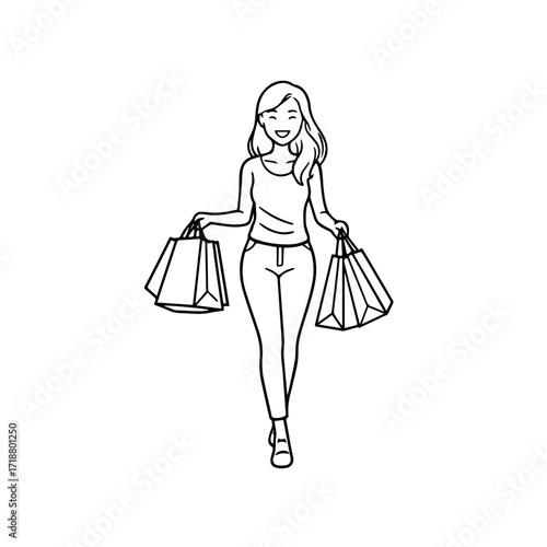 Black and white line art of a beautiful happy woman carrying shopping bags minimalist cheerful illustration