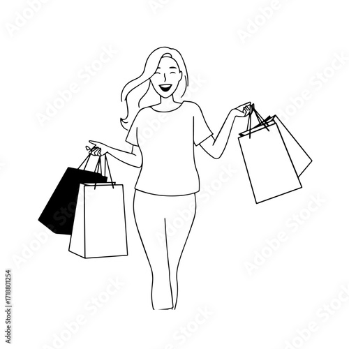 Black and white line art of a beautiful happy woman carrying shopping bags minimalist cheerful illustration