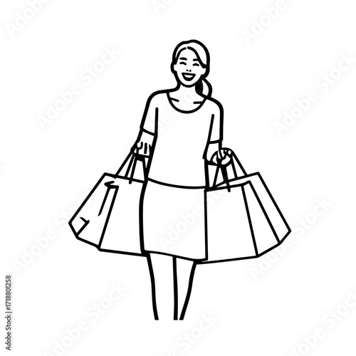 Black and white line art of a beautiful happy woman carrying shopping bags minimalist cheerful illustration