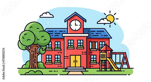 School building illustration with playground and tree for educational resources and back to school designs