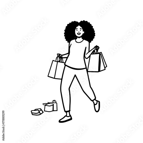 Black and white line art of a beautiful happy woman carrying shopping bags minimalist cheerful illustration