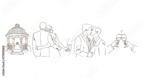 Joyful gay couple celebrates wedding ceremony with loving kiss and champagne toast near romantic gazebo, embracing love and commitment