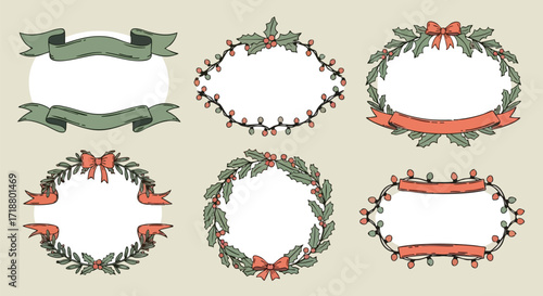 Festive hand-drawn Christmas frames with holly berries ribbons and lights perfect for holiday designs and invitations