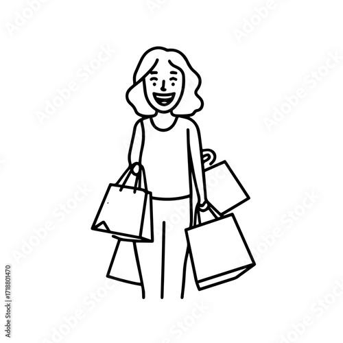 Black and white line art of a beautiful happy woman carrying shopping bags minimalist cheerful illustration