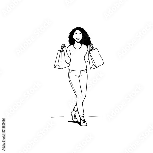 Black and white line art of a beautiful happy woman carrying shopping bags minimalist cheerful illustration