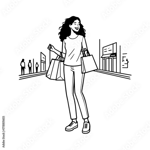 Black and white line art of a beautiful happy woman carrying shopping bags minimalist cheerful illustration