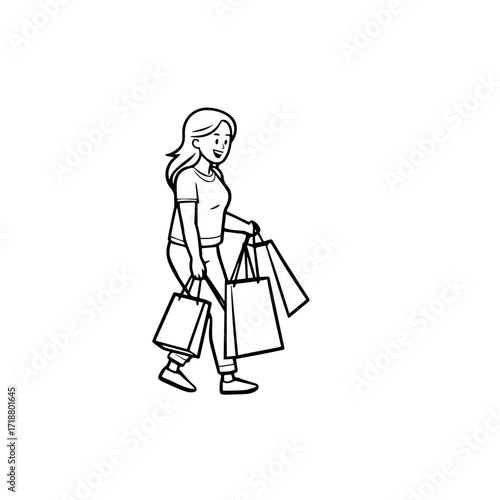 Black and white line art of a beautiful happy woman carrying shopping bags minimalist cheerful illustration