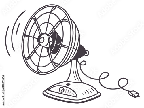 vintage fan vector, minimal solid shape, retro appliance theme, white background