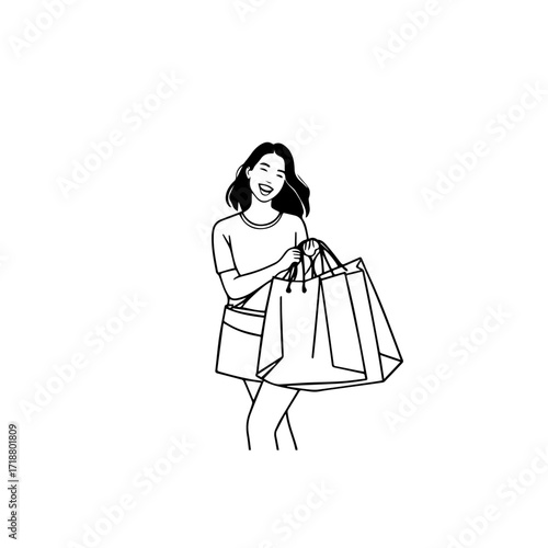 Black and white line art of a beautiful happy woman carrying shopping bags minimalist cheerful illustration