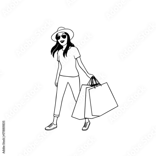 Black and white line art of a beautiful happy woman carrying shopping bags minimalist cheerful illustration