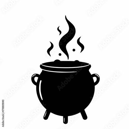 solid black vector silhouette of a cauldron with smoke coming out, witchcraft halloween theme, white background