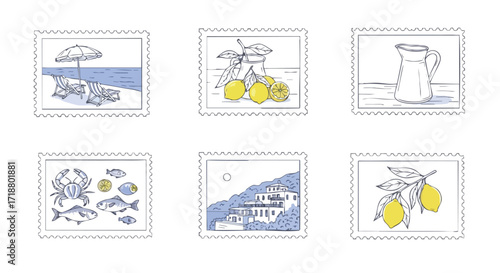 Charming Mediterranean postcard set evokes sunny seaside holidays, fresh lemons, and coastal village vibes for travel and lifestyle projects.