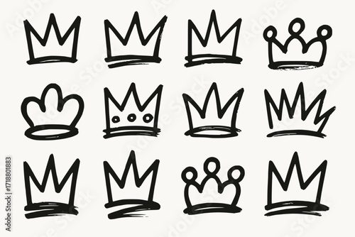 Hand-Drawn Crown Doodle Collection in Graffiti-Inspired Black Ink Style on White Background
