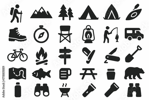 Minimal Camping and Outdoor Activity Icon Set in Flat Black Silhouette Style