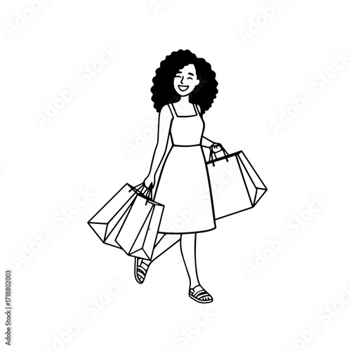 Black and white line art of a beautiful happy woman carrying shopping bags minimalist cheerful illustration