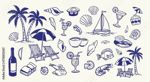 Dreamy beach vacation elements with palm trees, cocktails, and sailing boat evoke pure summer bliss and relaxation