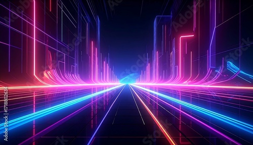 Futuristic city streetscape with vibrant neon lights
