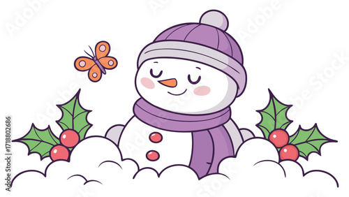 Charming cartoon snowman wears purple attire as orange butterfly flutters nearby on a transparent backdrop