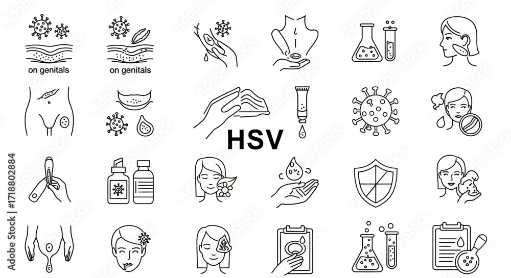 Fototapeta premium Illustration of herpes simplex virus symptoms, prevention, and treatment options in outline style