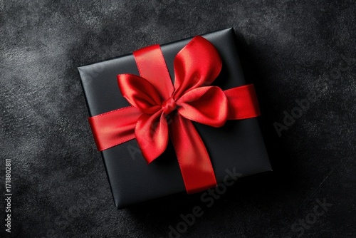 Gift box with red ribbon viewed from above on a dark backdrop Top view