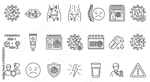 Collection of line art icons depicting various diseases viruses and health related concepts in black and white