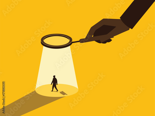 Finding Talented People. Big Hands with Magnifying Glass Recruiting People. vector

