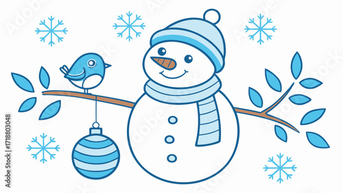 Smiling snowman beside cute bird rests on branch with ornament and snowflakes
