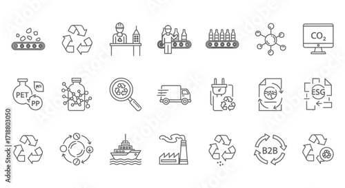 Line art icons depicting recycling processes and environmental sustainability initiatives and industry