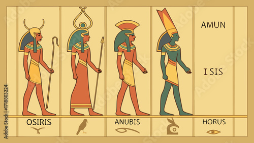 Egyptian gods and goddesses depicted in hieroglyphic style