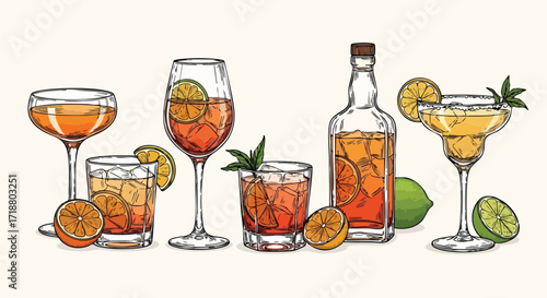 Vibrant collection of refreshing summer cocktails and spirits with citrus garnishes, perfect for bar menus and party invitations.