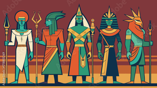 Stylized egyptian gods and figures in geometric patterns