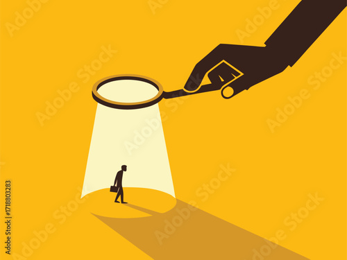 Finding Talented People. Big Hands with Magnifying Glass Recruiting People. vector

