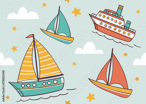 Cute cartoon sailboats and ship with clouds and stars