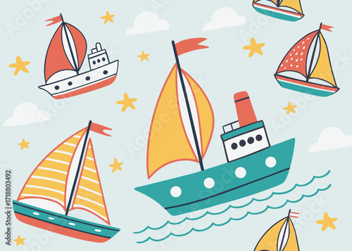 Whimsical cartoon sailboats and stars on a light blue background