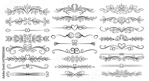 Collection of black and white floral dividers and borders with heart and leaf elements design set vector
