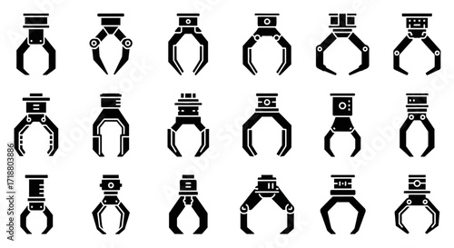 Collection of various black and white robotic claw designs on a white background display vector art
