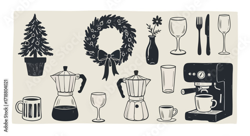 Festive holiday elements and cozy coffee essentials artfully arranged for seasonal celebrations and warm kitchen vibes