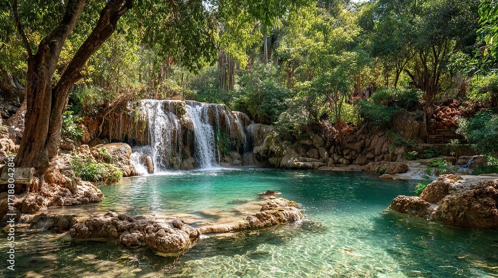 Fototapeta premium A tranquil waterfall cascading into a serene pool surrounded by lush greenery.