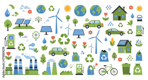 A collection of eco friendly icons including solar panels windmills and electric cars on a white background