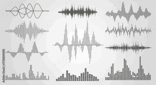 Illustration of various audio waveforms and equalizers displayed on a light gray background