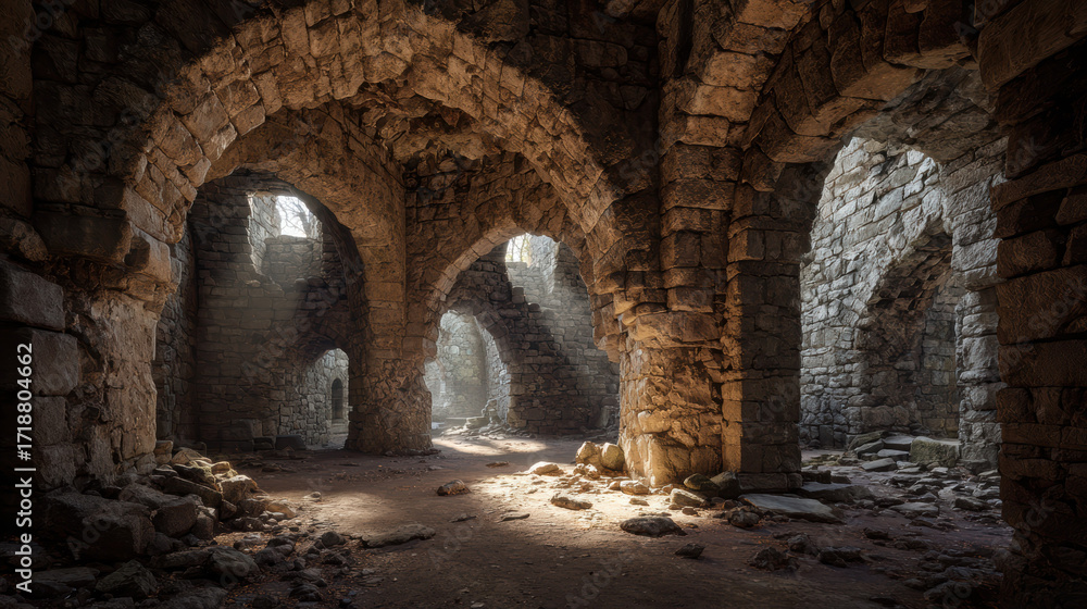Fototapeta premium Ruined castle interior with crumbling stone archways and dramatic light, ancient and mysterious