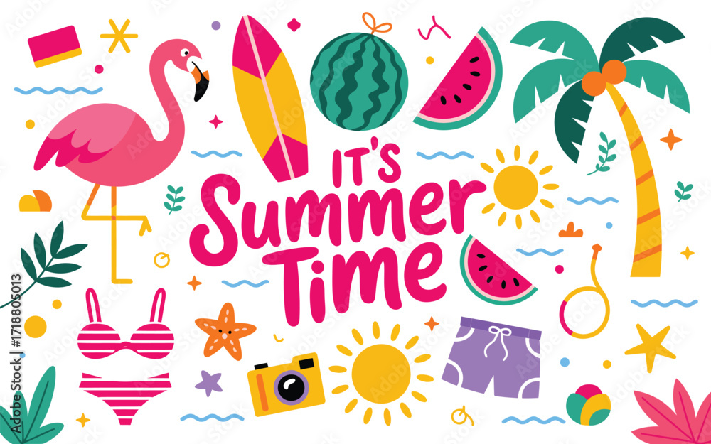 Naklejka premium Colorful Summer Elements Clipart, Tropical Icons with Flamingo, Watermelon, Coconut Palm, Sun, Vector Illustration Bundle for Seasonal Designs, DIY Projects, Scrapbooking, T-Shirt Prints, and Summer D