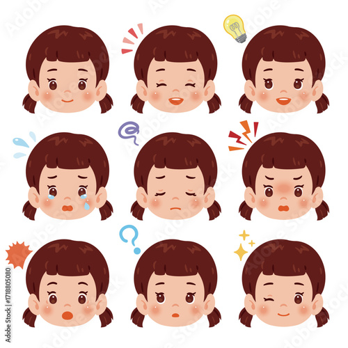 色々な感情を持つ女の子のイラストセット　顔のみ／An illustration of a girl's face with multiple expressions