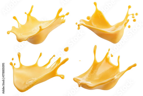 Yellow cheese liquid splashes isolated on transparent background. Set of melted cheese splashes isolated on white background.