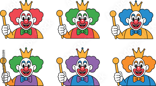 Colorful clown illustration set, cartoon joker character vector, funny circus mascot design, playful carnival clown artwork, children entertainment concept
