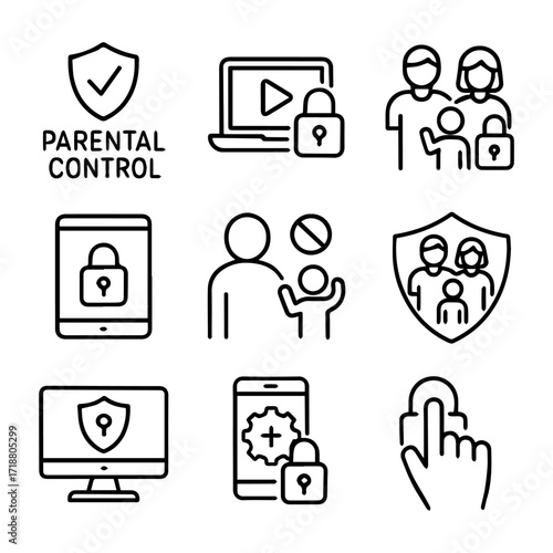 Parental Control Icons Depicting Digital Safety and Family Protection.
