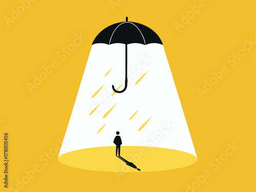 Insurance. Businessman standing under a protective umbrella

