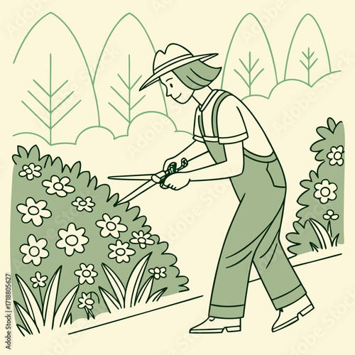 A cheerful person wearing a hat and overalls is diligently pruning a flowering bush with gardening shears in a stylized outdoor landscape