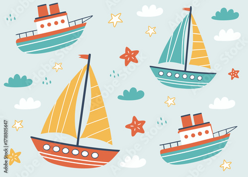 Cute cartoon boats and sailing ships with stars and clouds