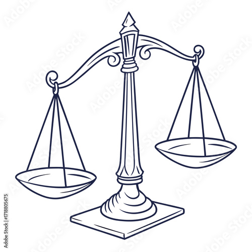 A classic outline drawing of a justice scale with two empty pans suspended from a decorative ornate beam symbolizing fairness and legal judgment